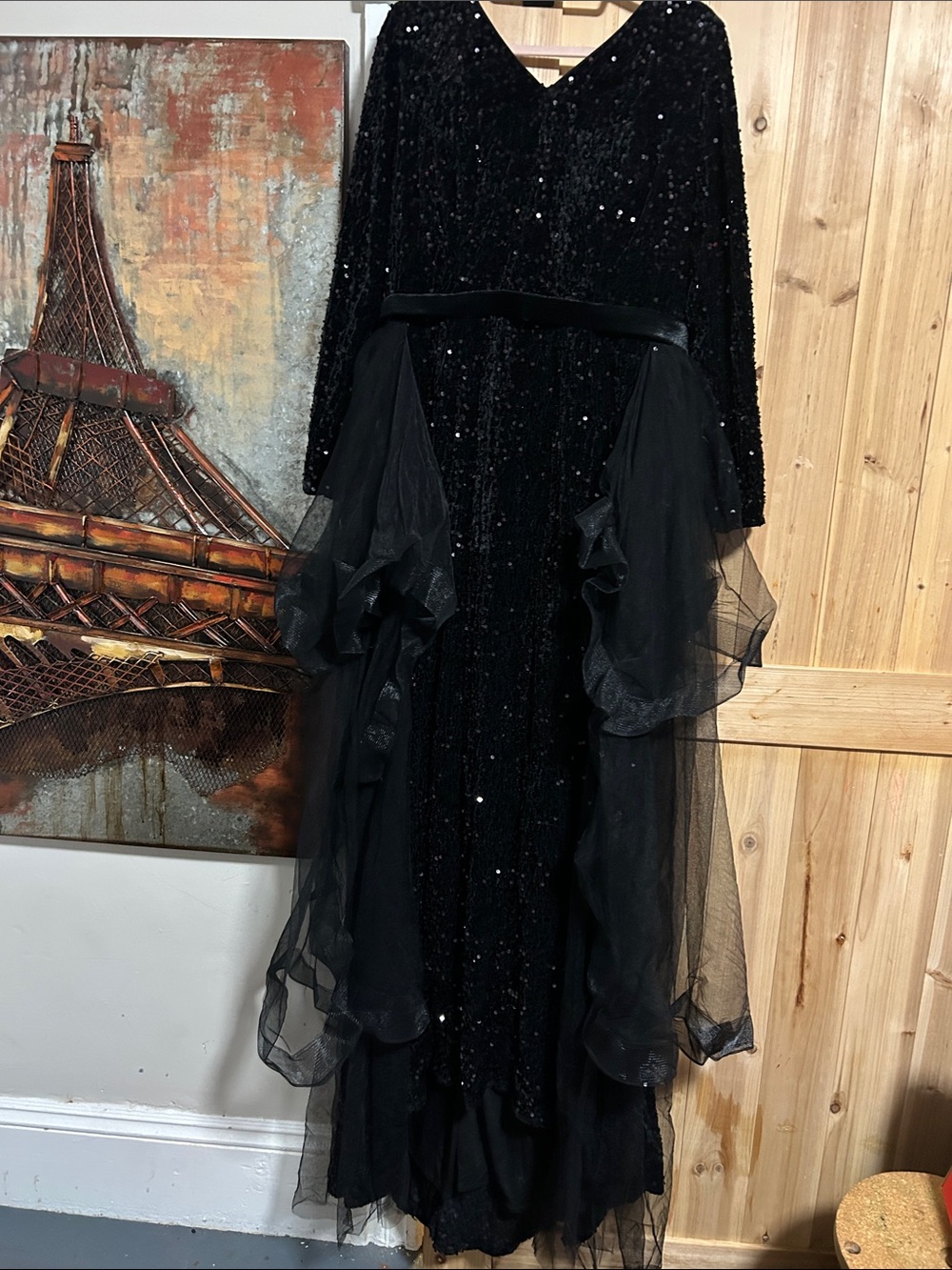 Black velvet Sequin & Tulle Maxi Dress with V-Neck